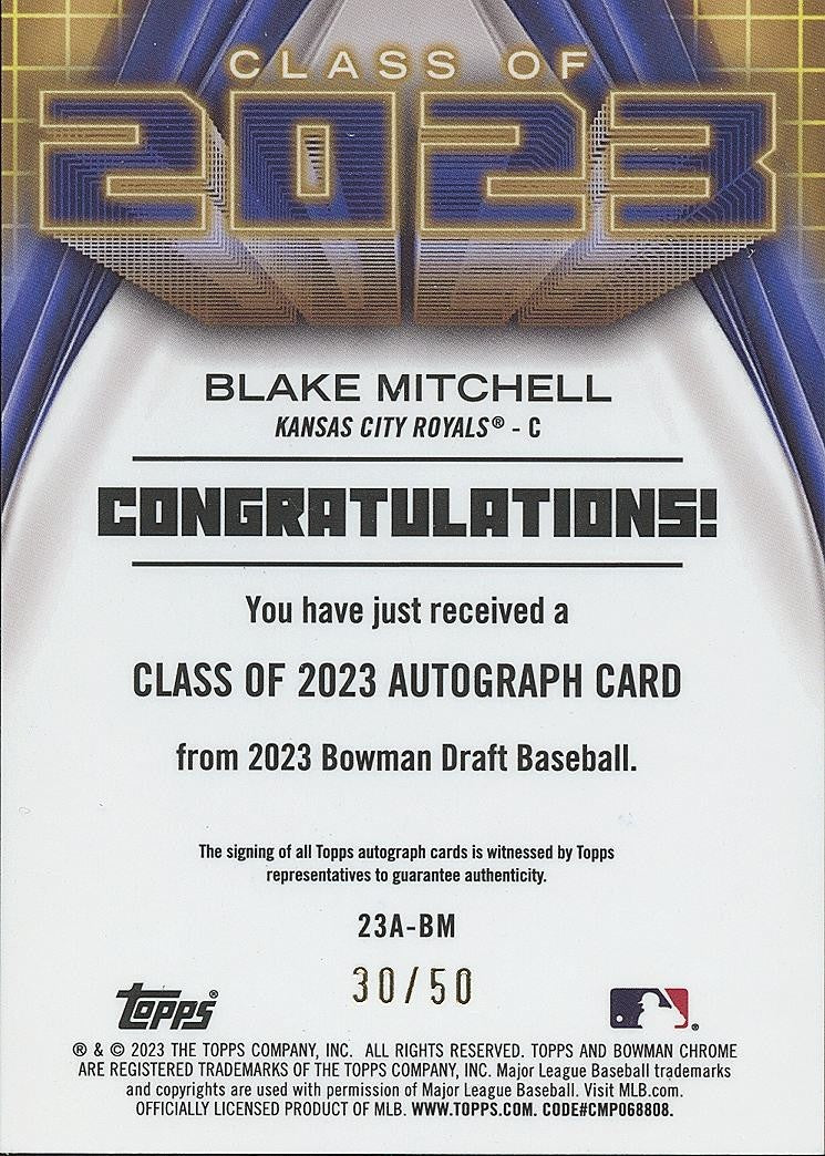 Blake Mitchell 2023 Bowman Chrome Class GOLD Auto Autograph RC KC Royals 30/50
