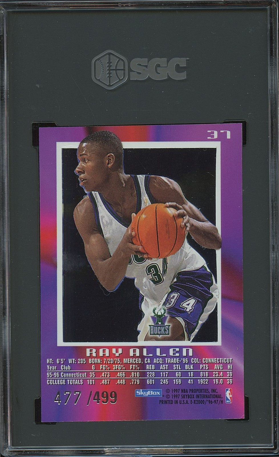 Ray Allen 1996-97 Skybox E-X 2000 Credentials Rookie RC Bucks 477/499 SGC Auth