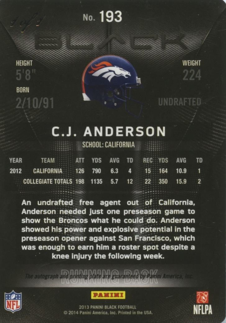 C.J. Anderson 2013 Black Auto Autograph Printing Plate RC Denver Broncos 1/1