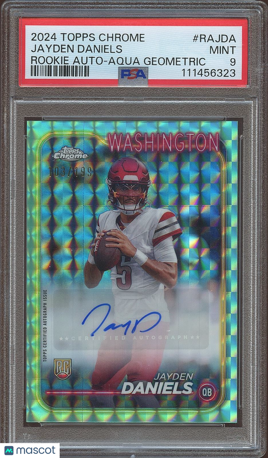 Jayden Daniels 2024 Topps Chrome Aqua Auto Autograph RC Commanders 103/199 PSA 9