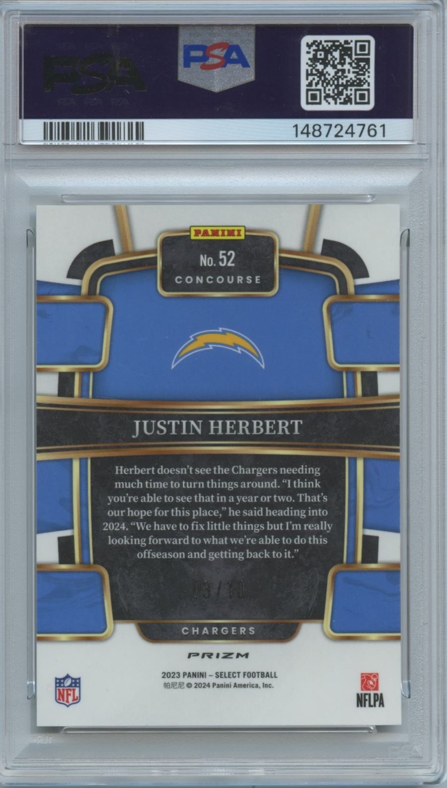 Justin Herbert 2023 Select Dragon Scale GOLD Prizm 3/10 LA Chargers PSA 10