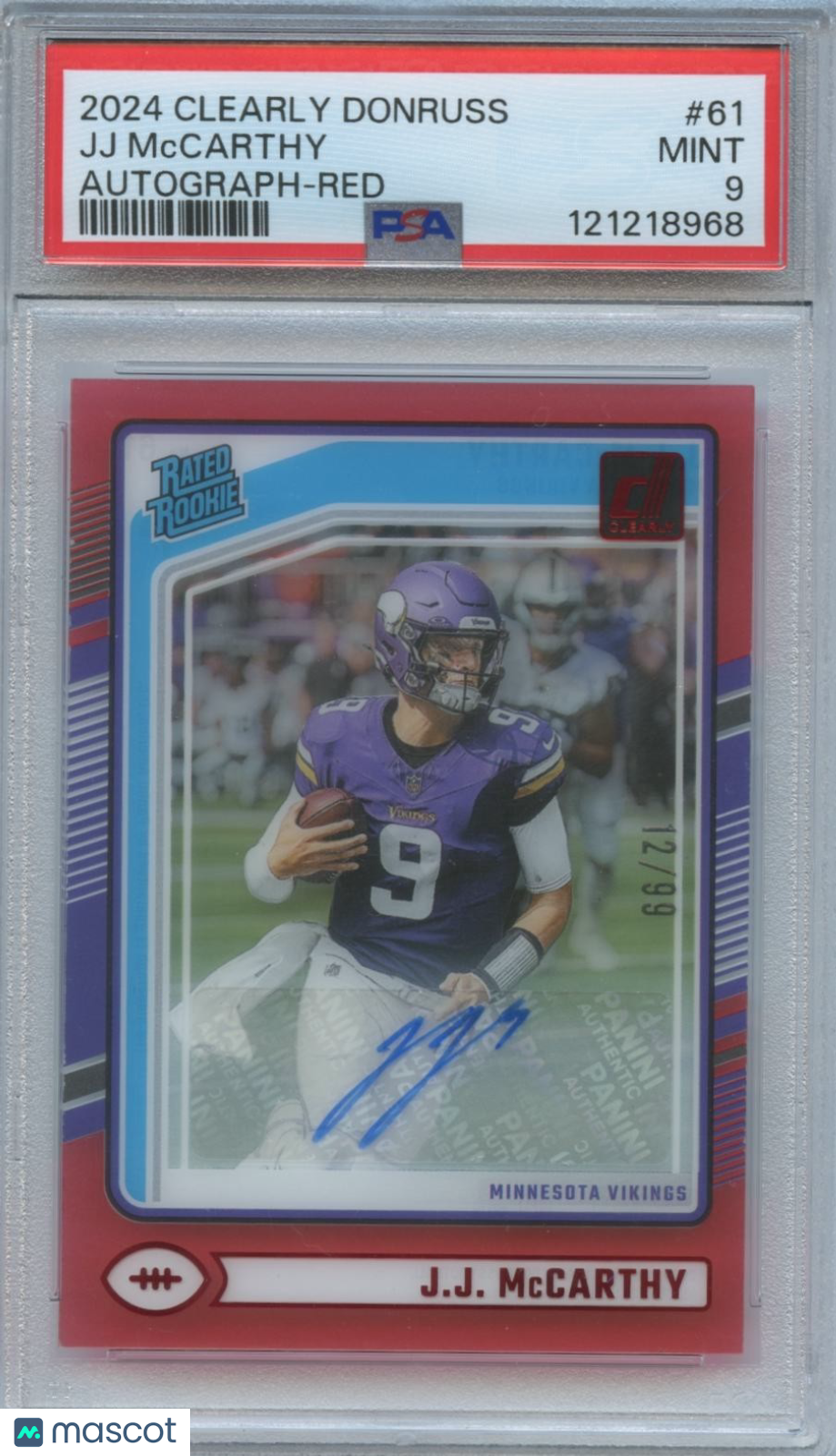 J.J. Mccarthy 2024 Clearly Donruss Auto Autograph Rookie RC Vikings 12/99 PSA 9