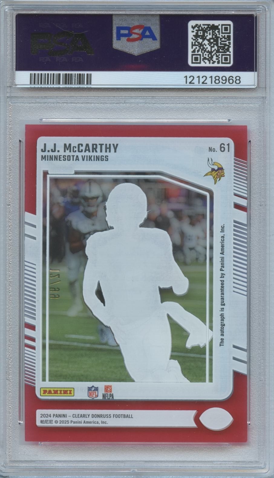 J.J. Mccarthy 2024 Clearly Donruss Auto Autograph Rookie RC Vikings 12/99 PSA 9