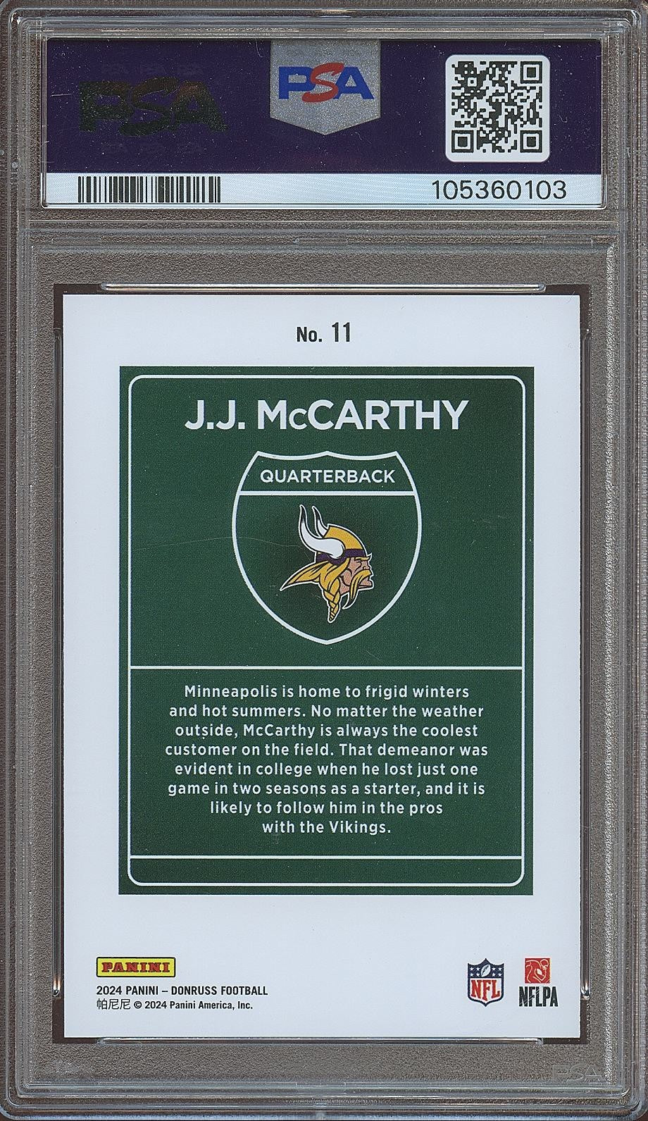 J.J. Mccarthy 2024 Donruss DOWNTOWN SSP CASE HIT Rookie Minnesota Vikings PSA 10