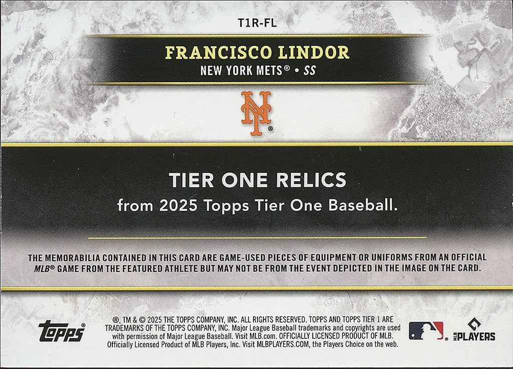 Francisco Lindor 2025 Tier One Game Worn Jersey Patch New York Mets 46/49