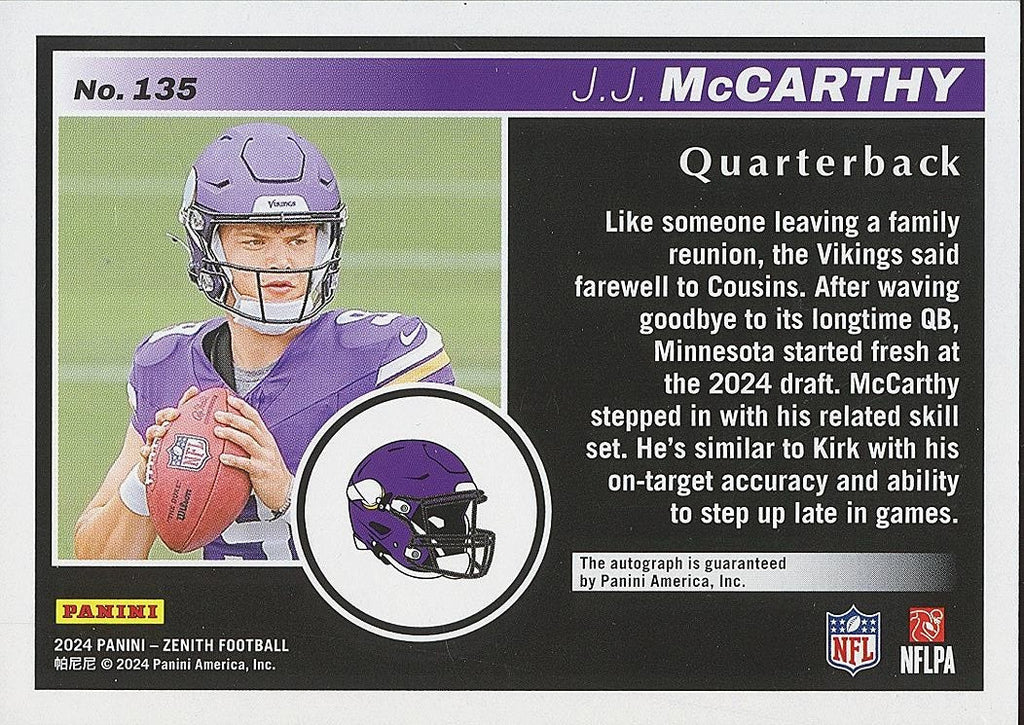JJ Mccarthy 2024 Zenith Blue Auto Autograph RC Rookie Minnesota Vikings 25/25
