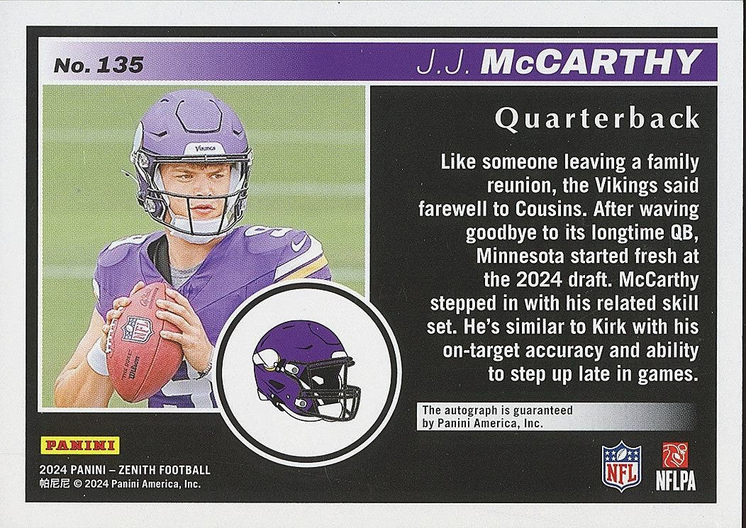 JJ Mccarthy 2024 Zenith Blue Auto Autograph RC Rookie Minnesota Vikings 25/25