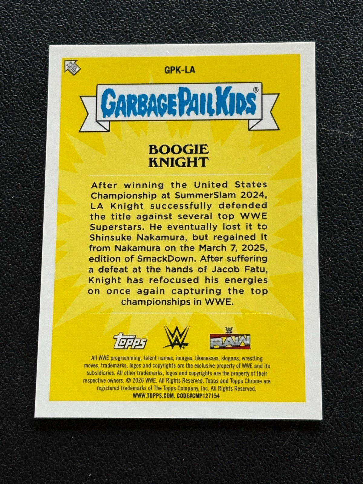 Boogie Knight 2026 Topps Chrome Garbage Pail Kids Black Refractor LA Knight /10