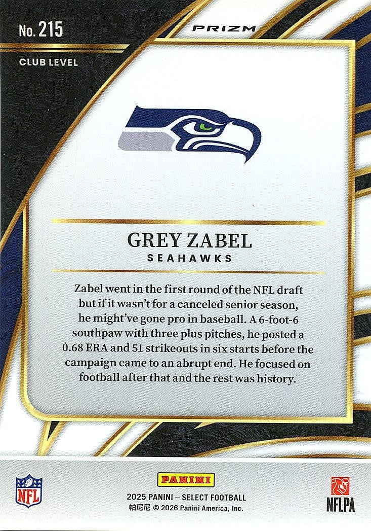 Grey Zabel 2025 Select Club Level Zebra Prizm SSP SHORTPRINT Rookie RC Seahawks