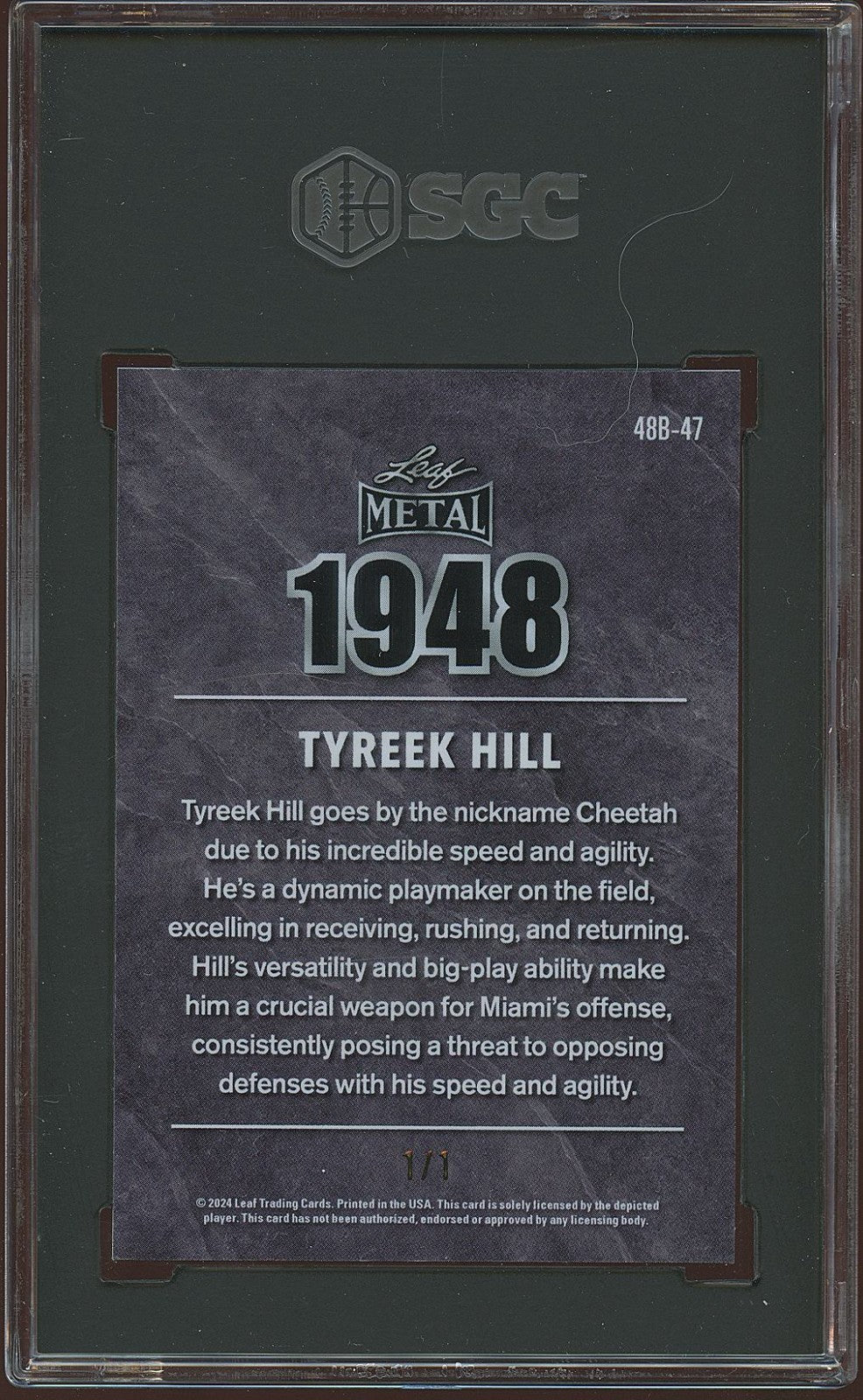 Tyreek Hill 2024 Leaf '48 Green Crystal Colormatch Miami Dolphins 1/1 SGC 9.5