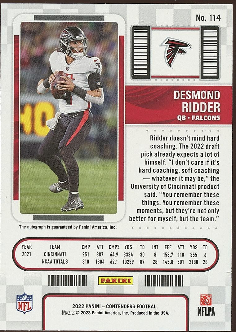 Desmond Ridder 2022 Contenders Red Zone SSP Auto Autograph Atlanta Falcons #114