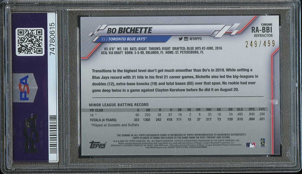 Bo Bichette 2020 Topps Chrome Auto Autograph Ref Rookie Blue Jays /499 PSA 10