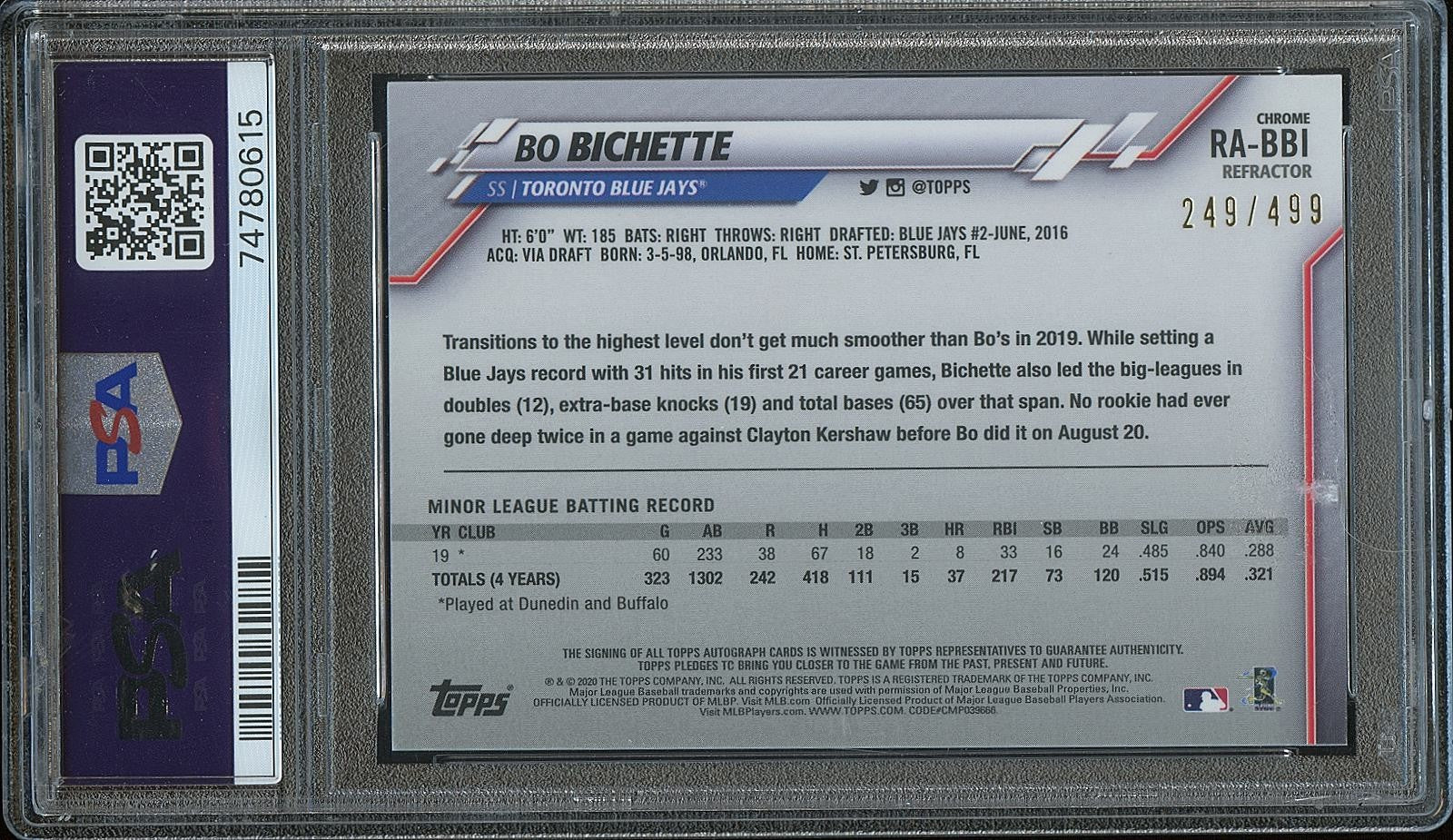 Bo Bichette 2020 Topps Chrome Auto Autograph Ref Rookie Blue Jays /499 PSA 10