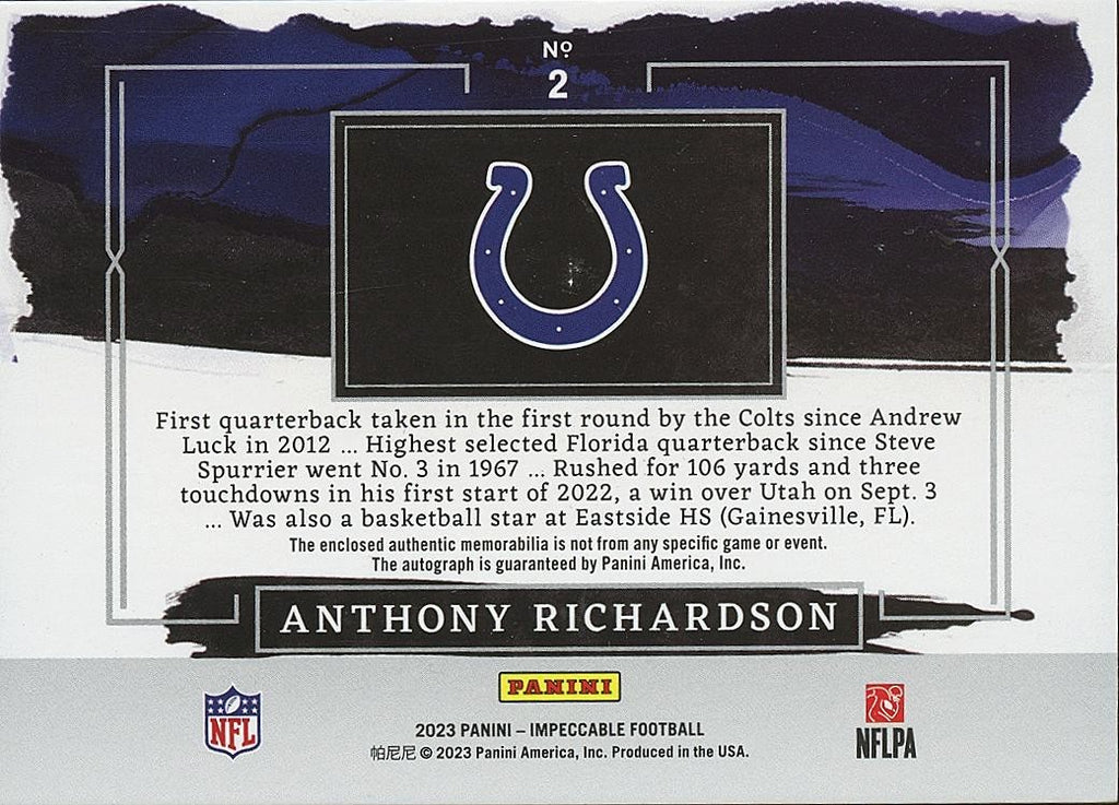 Anthony Richardson 2023 Impeccable Auto Autograph Patch Rookie RC Colts 32/35