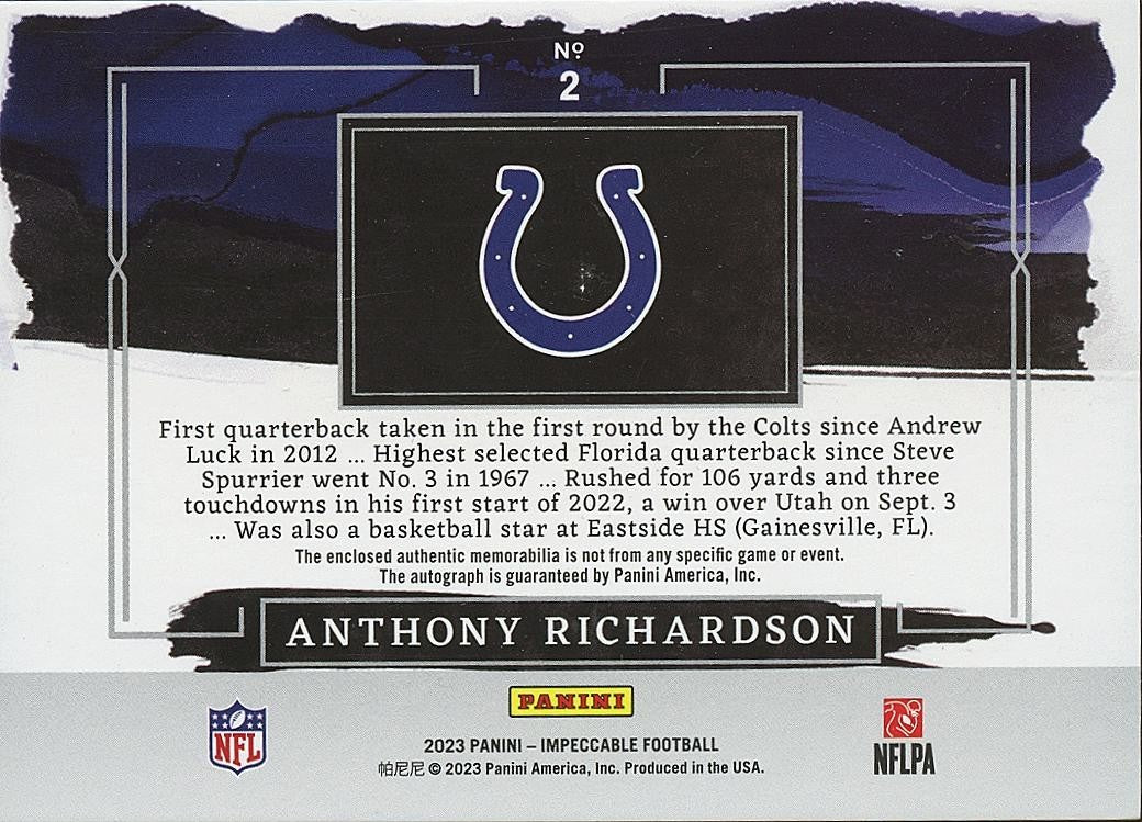 Anthony Richardson 2023 Impeccable Auto Autograph Patch Rookie RC Colts 32/35