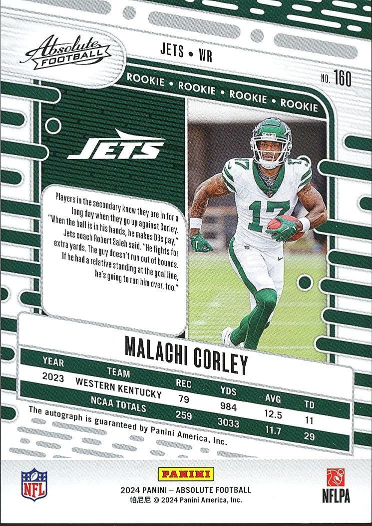 Malachi Corley 2024 Absolute Green Auto Autograph RC New York Jets 13/25