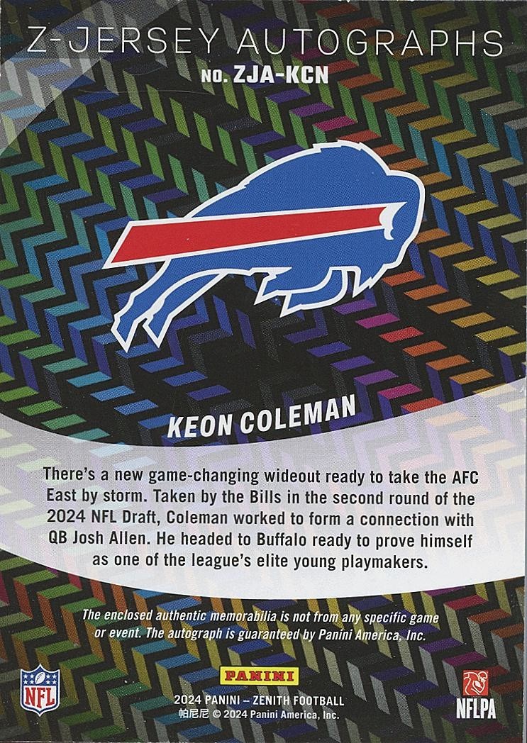 Keon Coleman 2024 Zenith Auto Autograph Jersey Patch RC Buffalo Bills 148/199