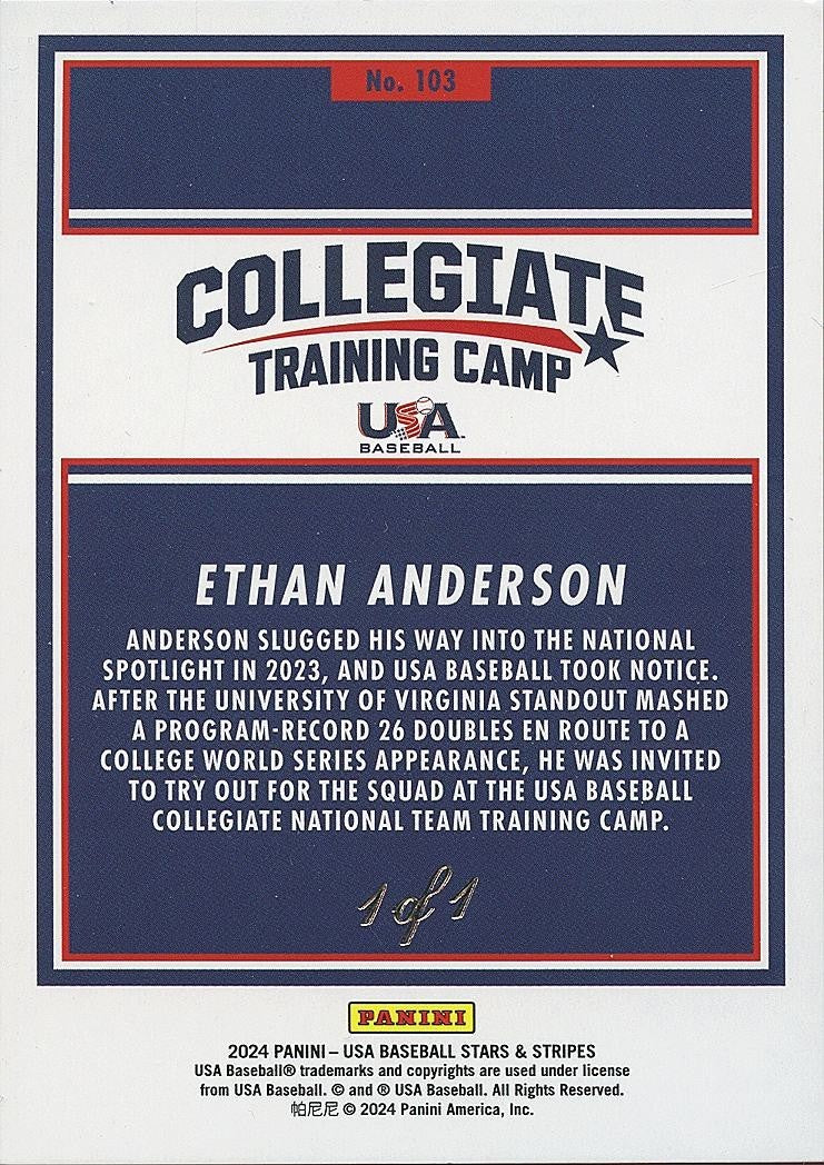 Ethan Anderson 2024 USA Baseball GOLD Rookie RC 1/1 One Of One Baltimore Orioles