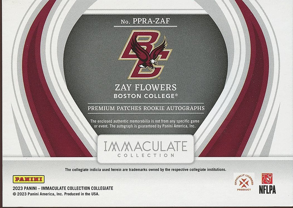 Zay Flowers 2023 Immaculate Auto Autograph Logo Patch RC Baltimore Ravens 1/3