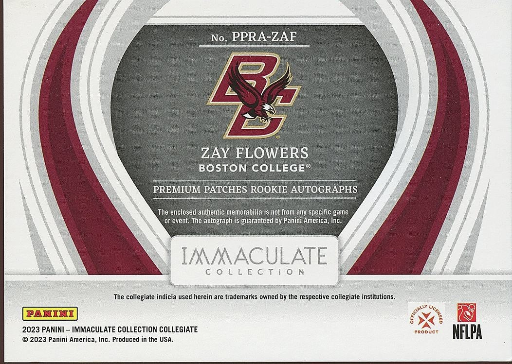 Zay Flowers 2023 Immaculate Auto Autograph Logo Patch RC Baltimore Ravens 1/3