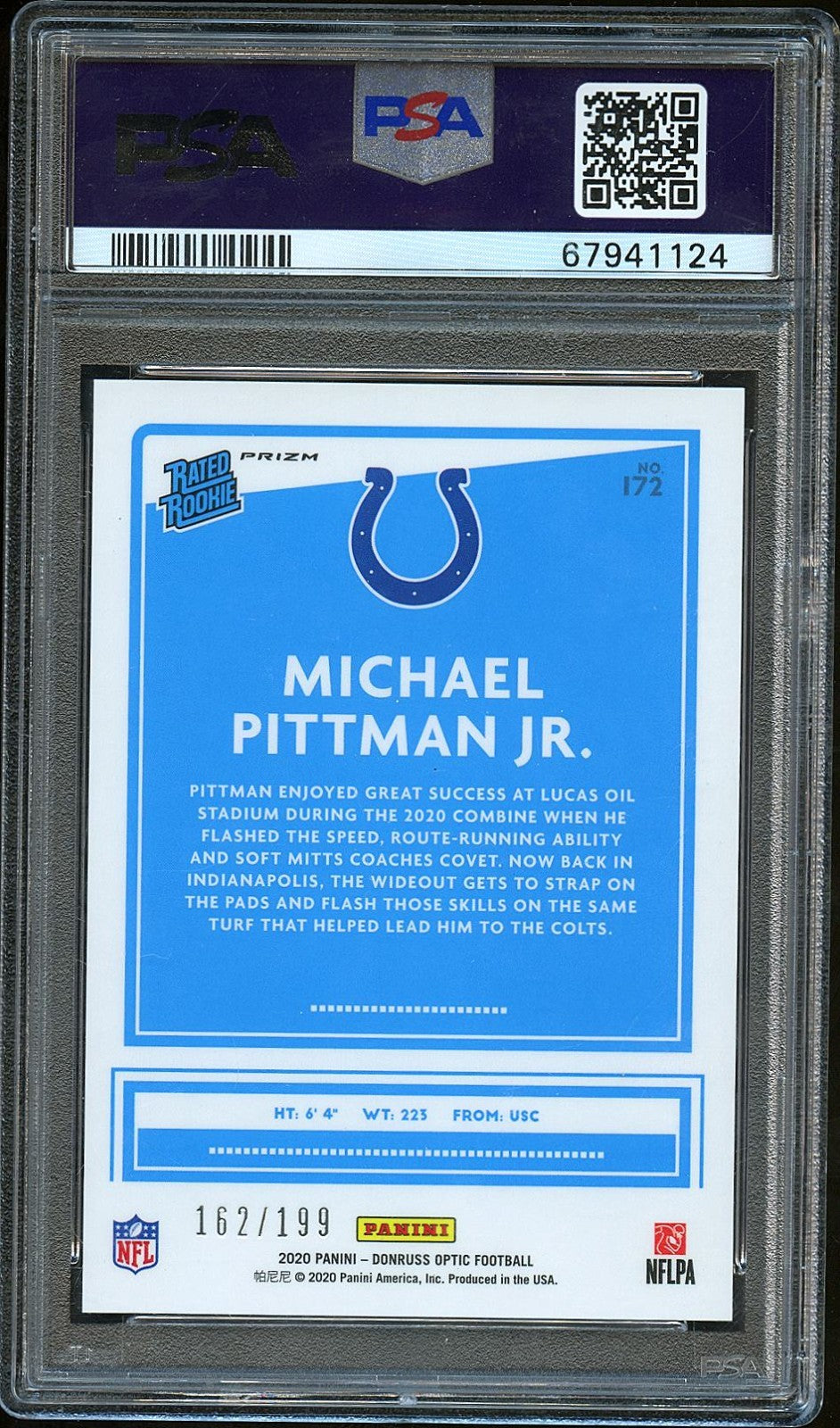 Michael Pittman Jr. 2020 Optic Rated Rookie Orange Prizm RC Colts 162/199 PSA 10