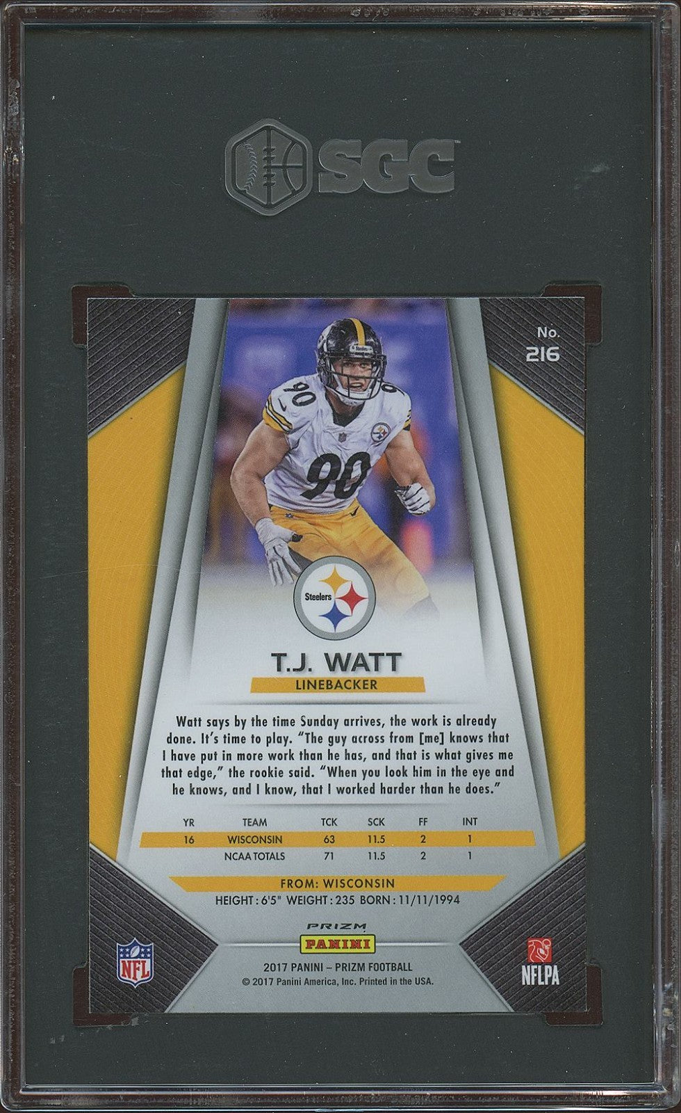 T.J. Watt 2017 Prizm Disco Prizm Rookie RC Pittsburgh Steelers #216 SGC 9.5