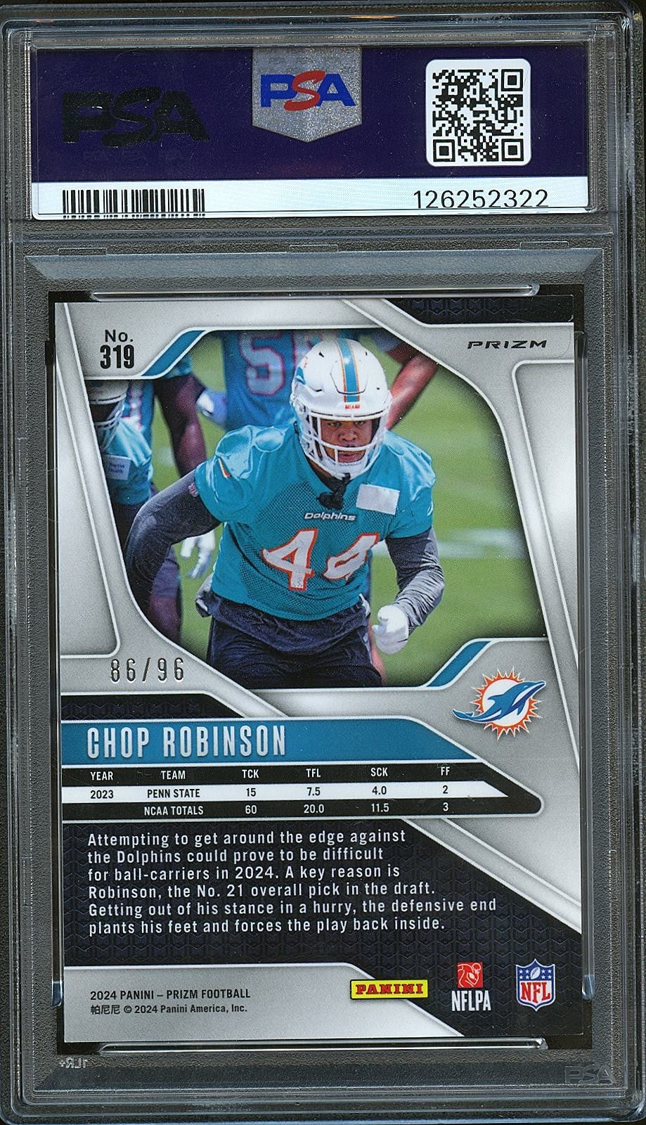 Chop Robinson 2024 Prizm Blue Sparkle Rookie RC Miami Dolphins 86/96 PSA 10