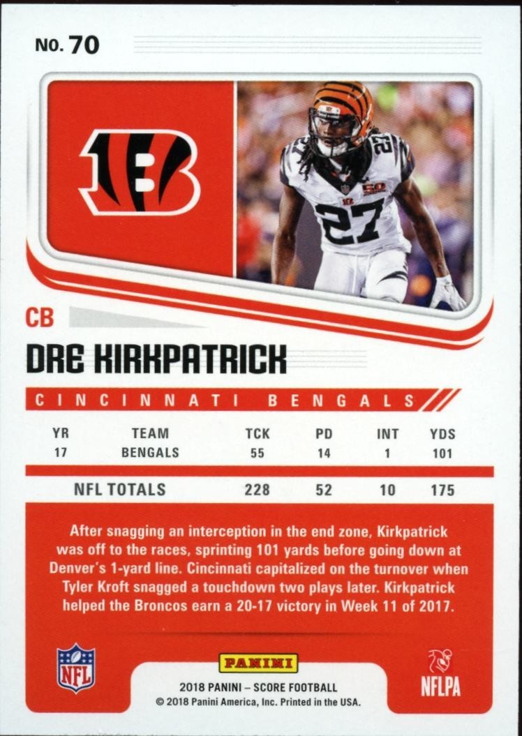 Dre Kirkpatrick 2018 Score Red Zone SSP Cincinnati Bengals 20/20
