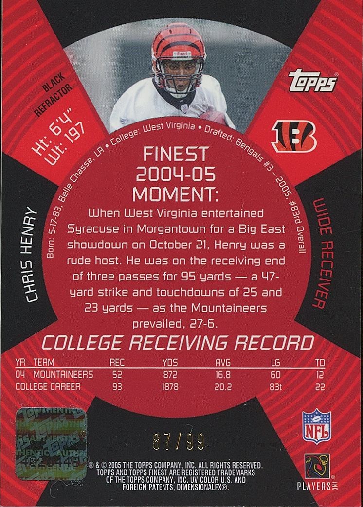 Chris Henry 2005 Topps Finest BLACK Refractor Auto Autograph RC Bengals 87/99