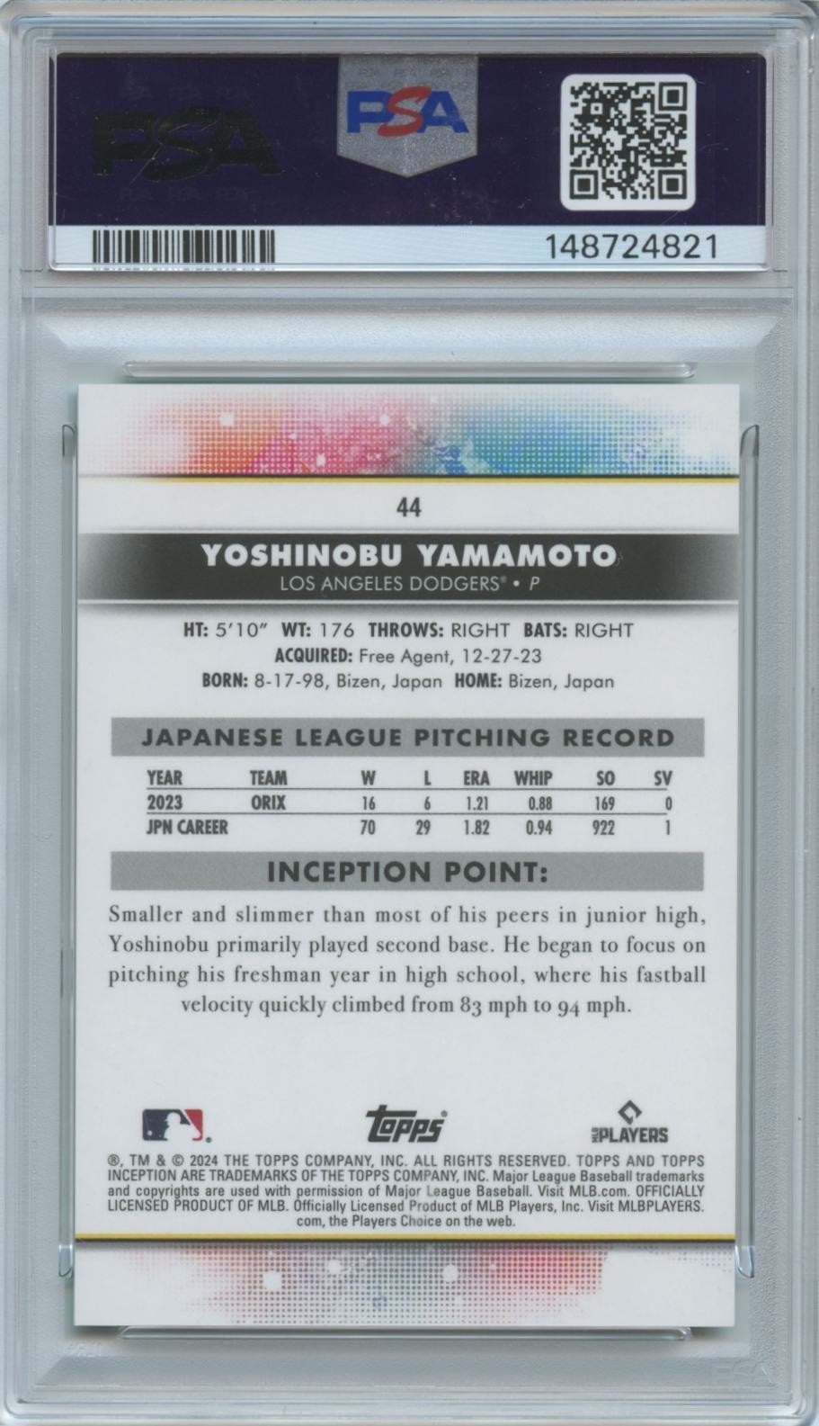 Yoshinobu Yamamoto 2024 Topps Inception Green Rookie RC LA Doders PSA 10
