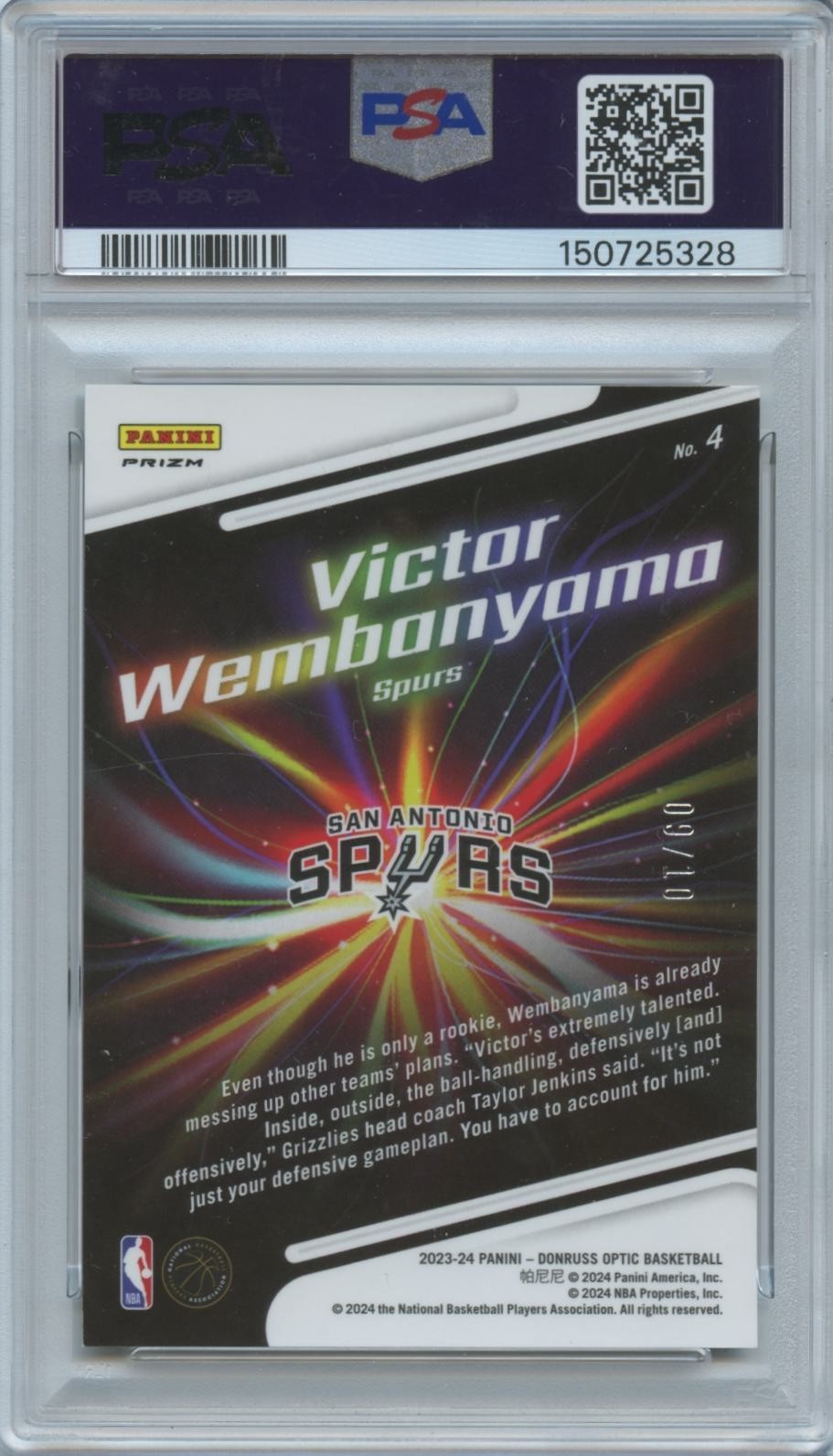 Victor Wembanyama 2023-24 Optic Lights Out GOLD Prizm Rookie RC Spurs 9/10 PSA 9