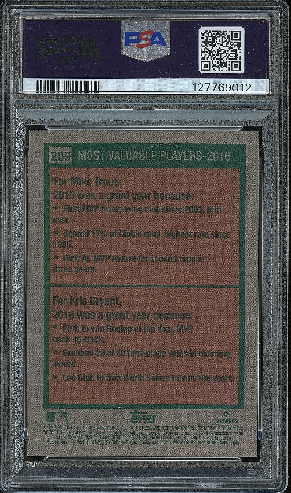 Mike Trout / Kris Bryant 2024 Topps Heritage Black Refractor  7/75 PSA 8