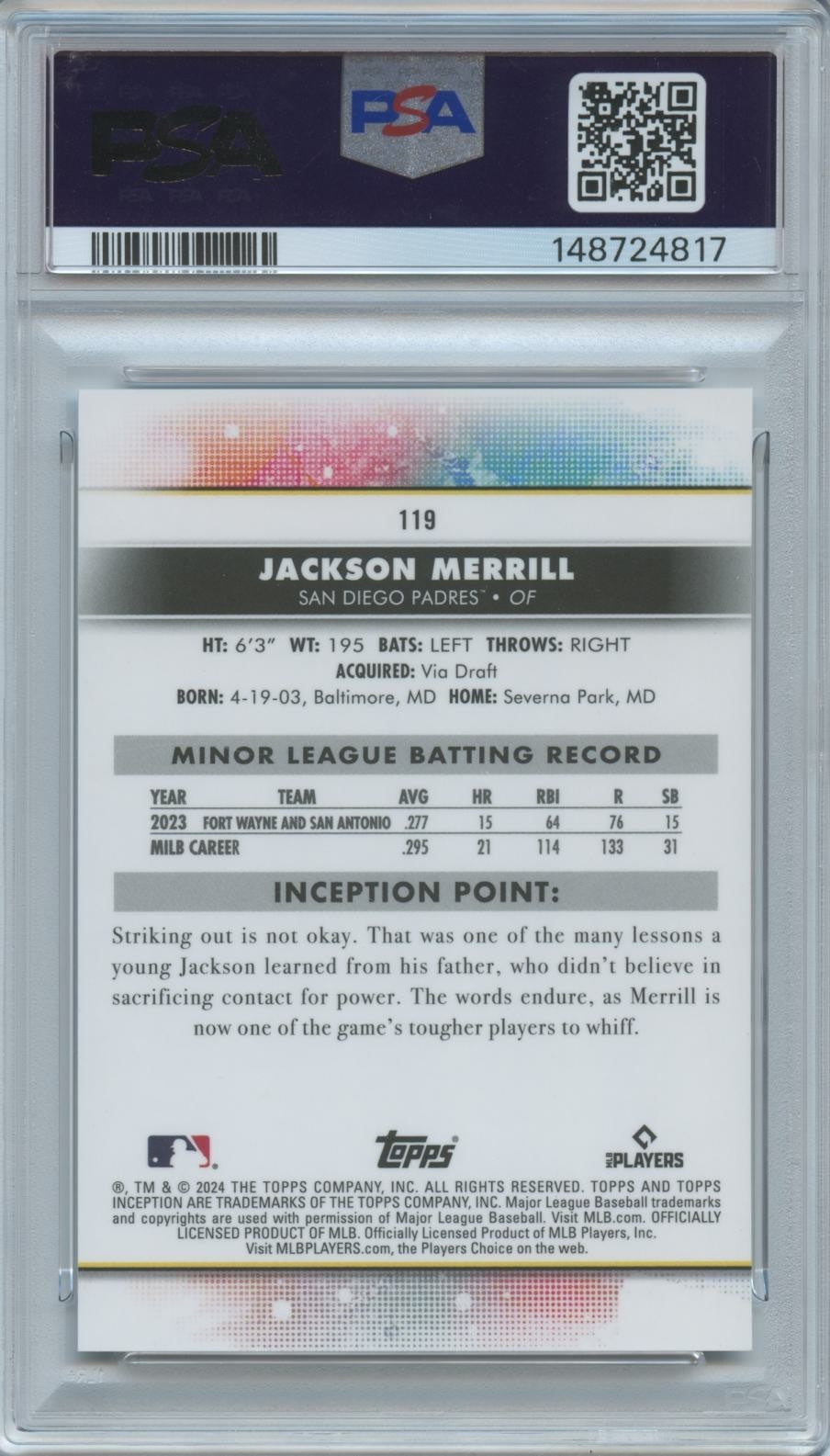 Jackson Merrill 2024 Topps Inception SSP SHORTPRINT Rookie RC SD Padres PSA 10