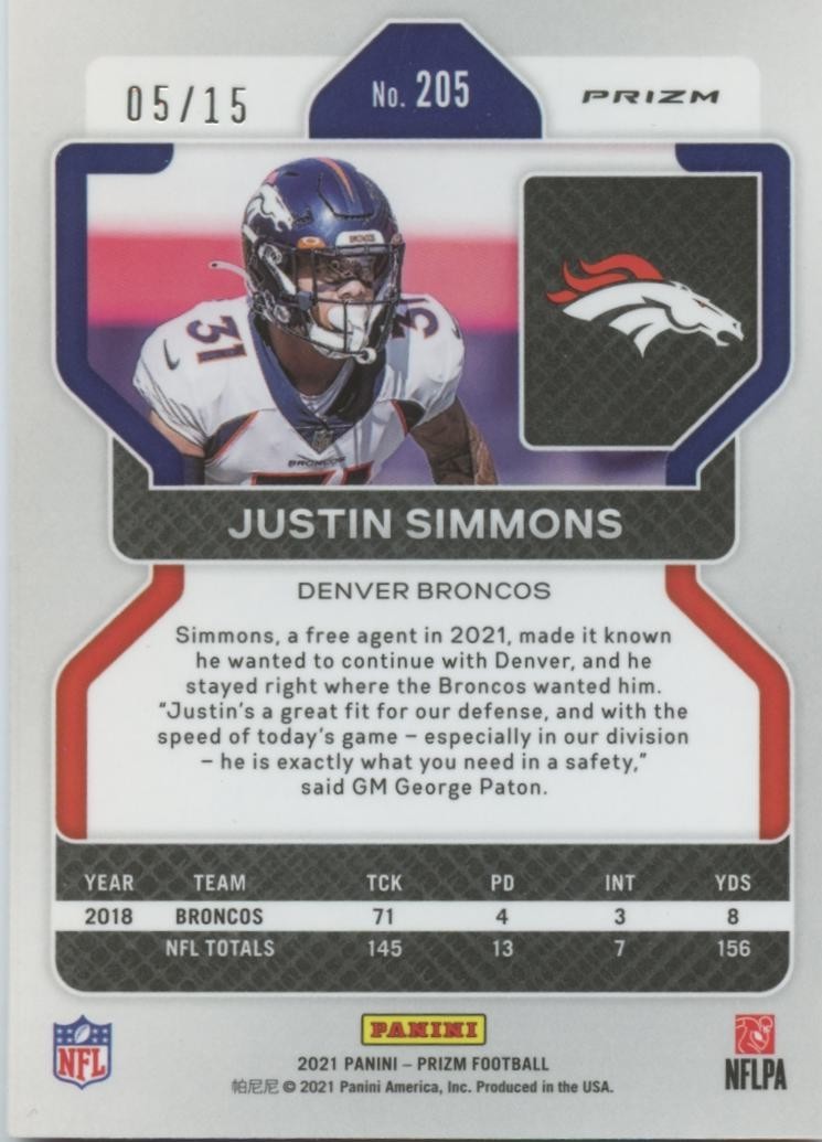 Justin Simmons 2021 Prizm No Huddle Pink Prizm SSP Denver Broncos 5/15