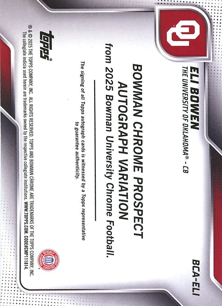Eli Bowen 2025 Bowman Chrome 1st Auto Autograph RC Oklahoma Sooners 9/25