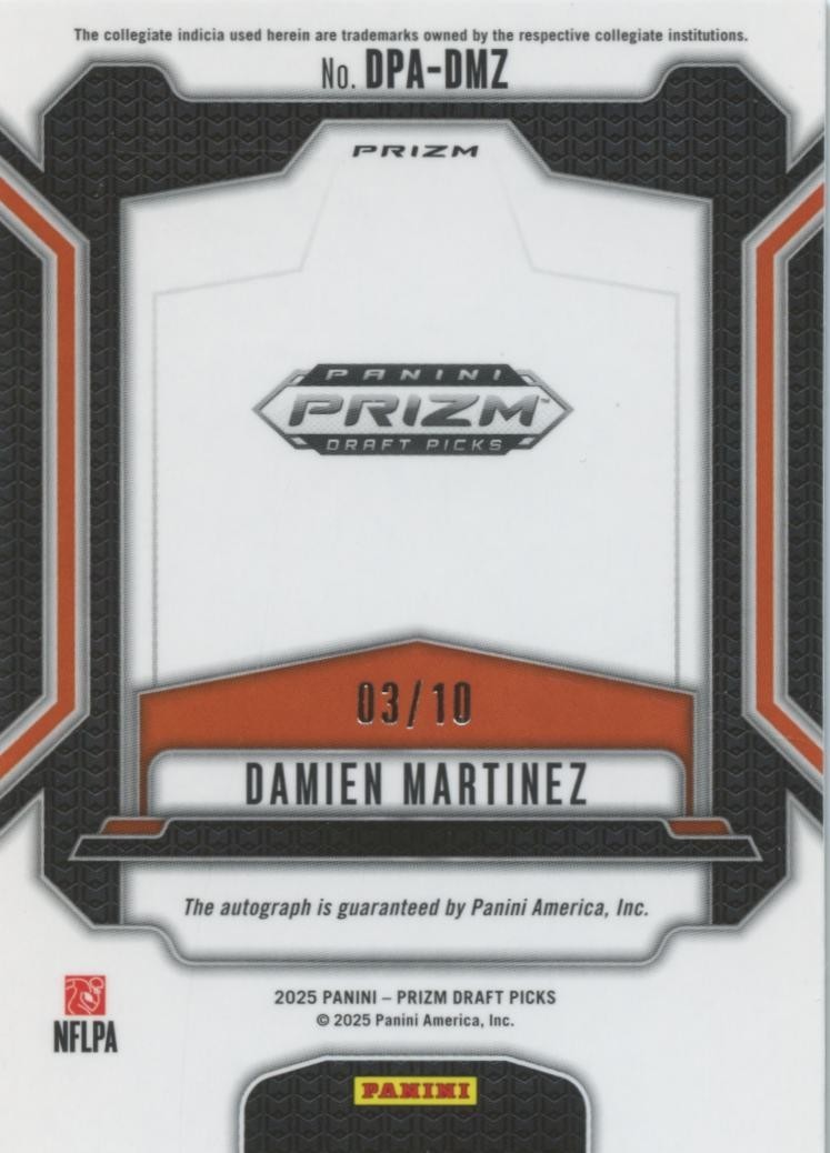 Damien Martinez 2025 Prizm GOLD Auto Autograph RC Miami Hurricanes 3/10