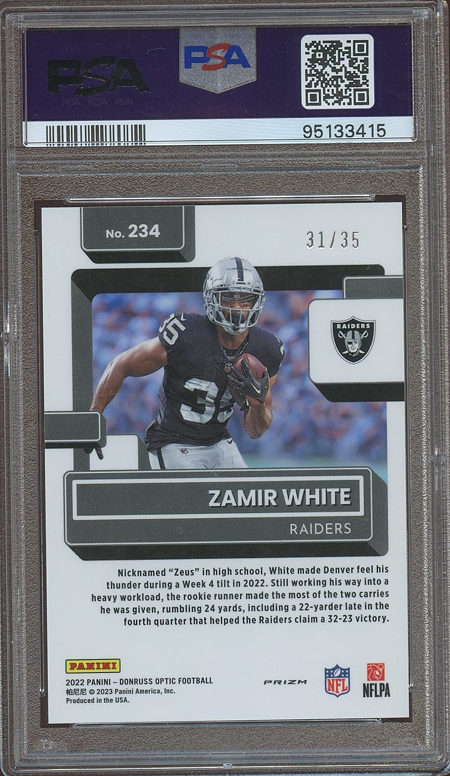 Zamir White 2022 Optic Rated Rookie Lime Green RC Las Vegas Raiders 31/35 PSA 9