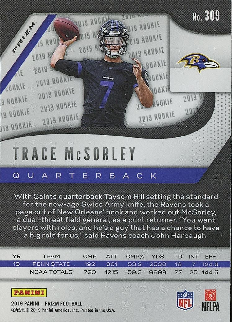 Trace Mcsorley 2019 Select Retail RED Prizm SSP Rookie RC Baltimore Ravens #309