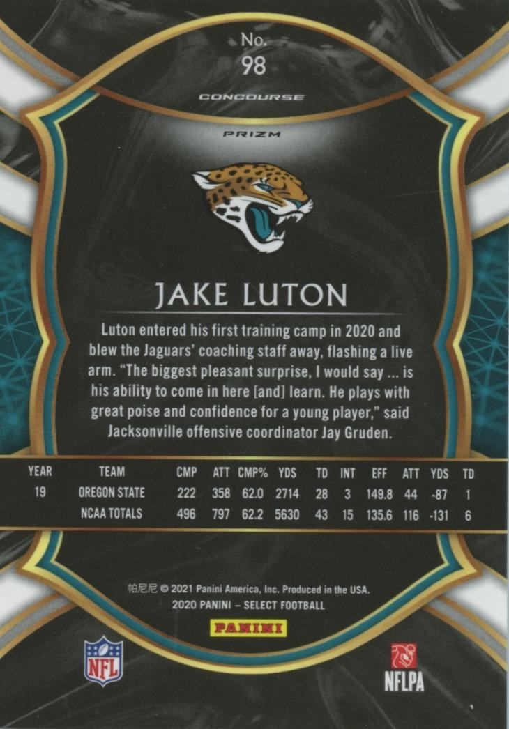 Jake Luton 2020 Select Zebra Prizm SSP Rookie RC Jacksonville Jaguars