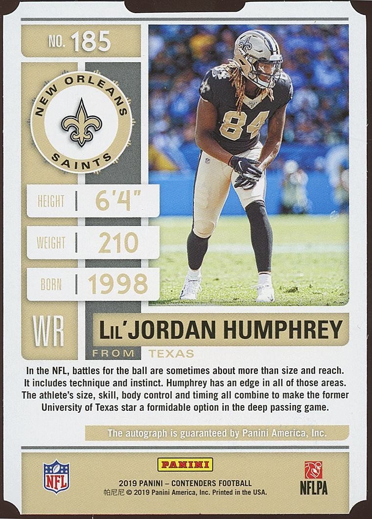 Lil'Jordan Humphrey 2019 Contenders Auto Autograph Ticket Stub RC Saints 11/84