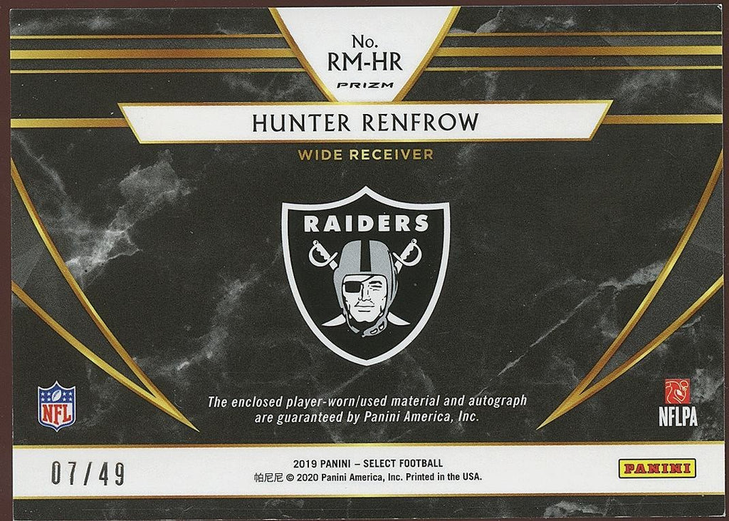 Hunter Renfrow 2019 Select Auto Autograph Patch Rookie RC Oakland Raiders 7/49