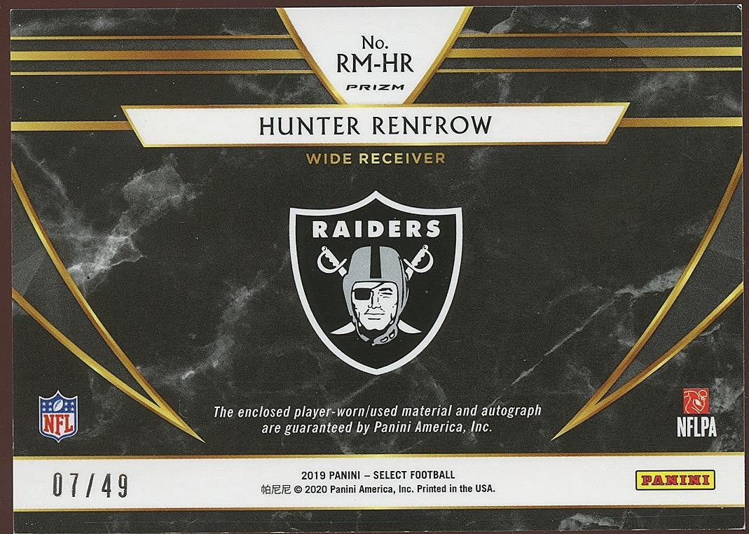 Hunter Renfrow 2019 Select Auto Autograph Patch Rookie RC Oakland Raiders 7/49