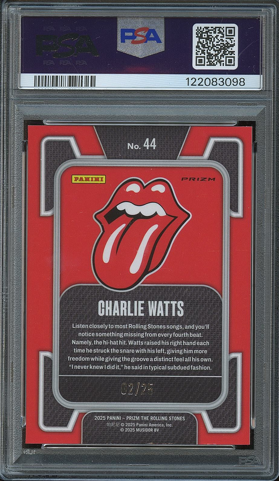 Charlie Watts 2025 Prizm Rolling Stones Purple Power Prizm 2/25 #44 PSA 9