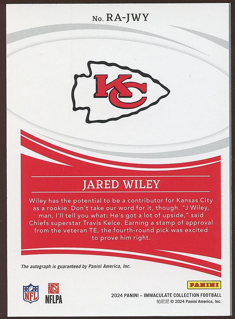 Jared Wiley 2024 Immaculate Auto Autograph Rookie RC Kansas City Chiefs 76/99
