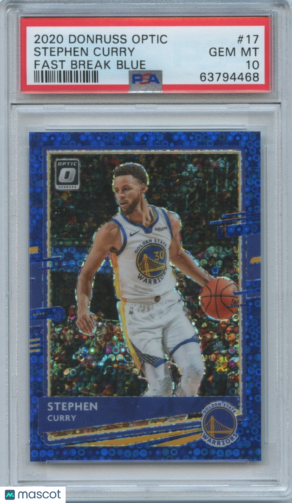 Stephen Curry 2020-21 Optic Fast Break Blue Disco Prizm Warriors 48/50 PSA 10