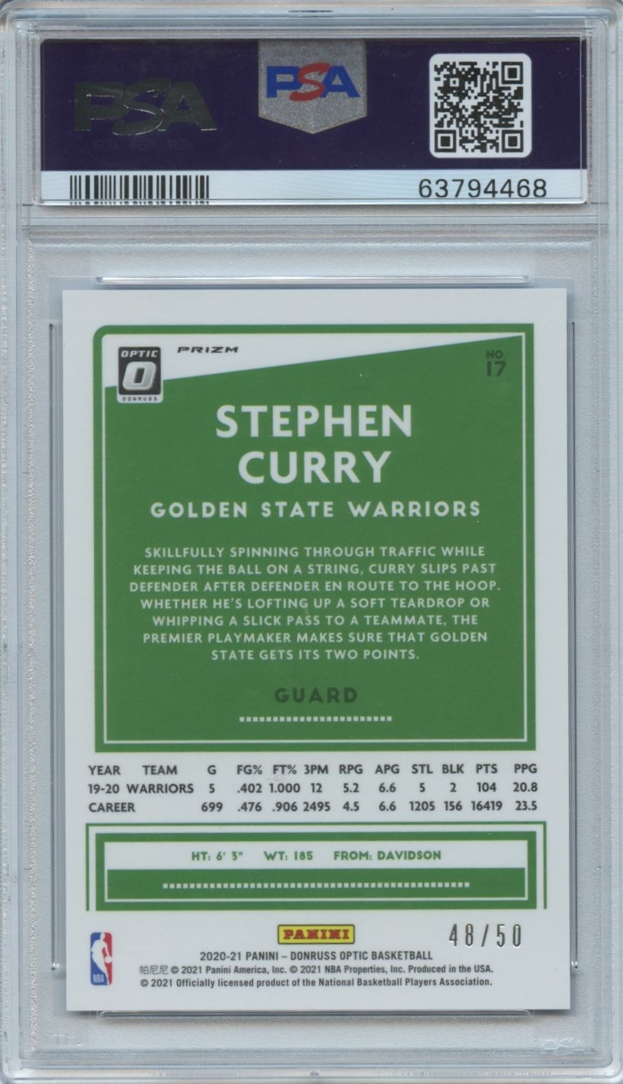 Stephen Curry 2020-21 Optic Fast Break Blue Disco Prizm Warriors 48/50 PSA 10