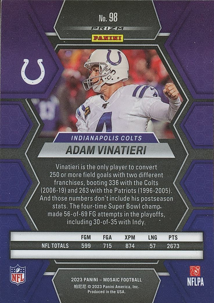 Adam Vinatieri 2023 Mosaic Genesis Prizm SSP Indianapolis Colts #98