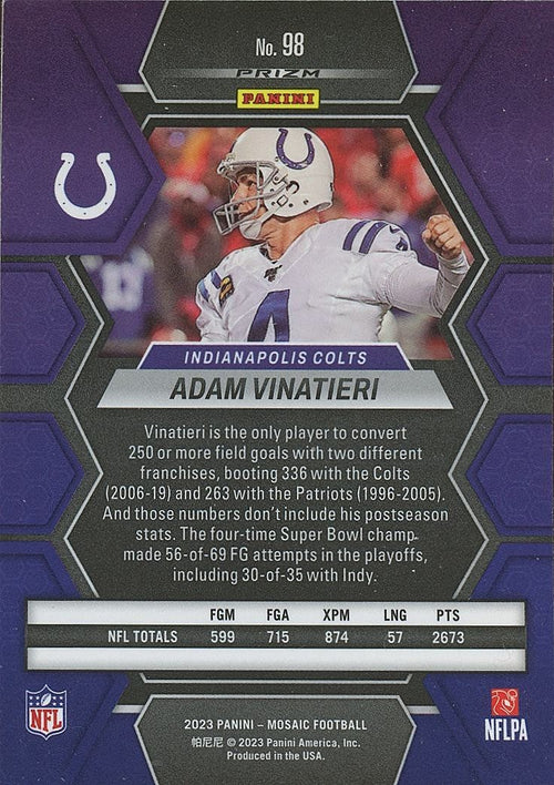 Adam Vinatieri 2023 Mosaic Genesis Prizm SSP Indianapolis Colts #98