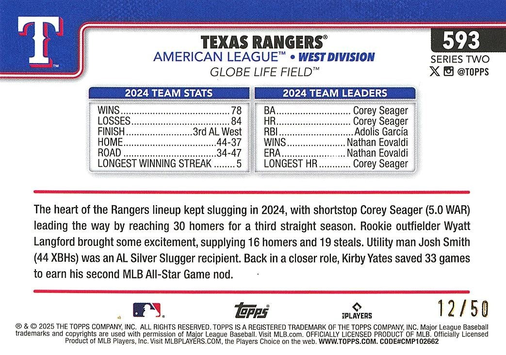 Texas Rangers 2025 Topps Team Card GOLD Parallel 12/50 #593
