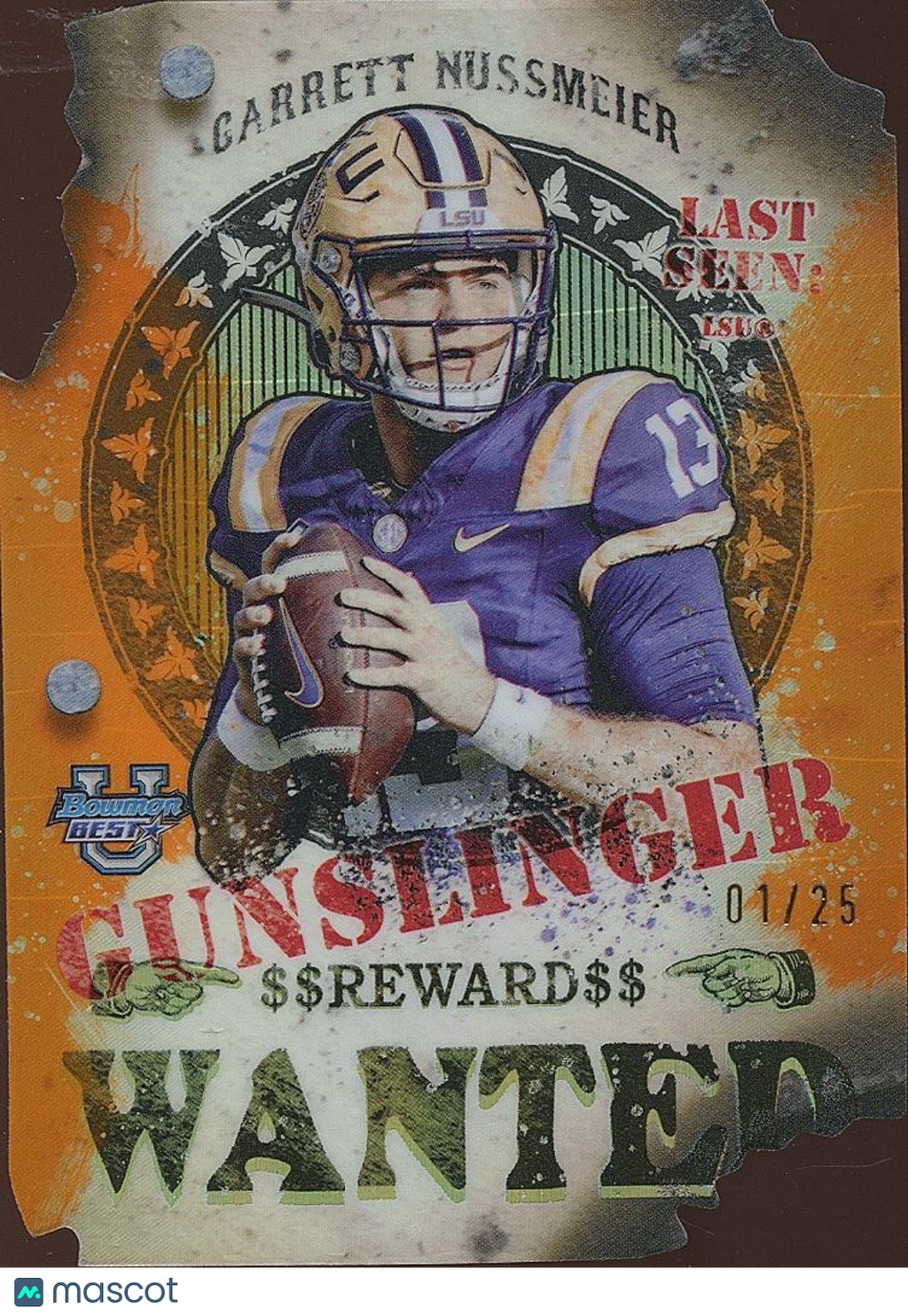 Garrett Nussmeier 2024 Bowman Chrome Gunslinger Orange Refractor RC LSU 1/25